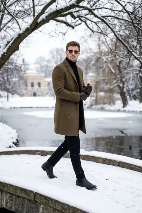 A gentleman in a classic camel wool overcoat walking through a peaceful snow-covered city park.