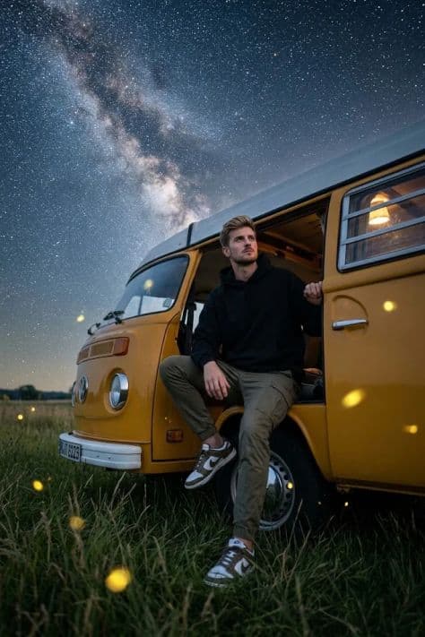 A yellow classic VW campervan parked beneath a glittering starry night sky with the Milky Way visible.