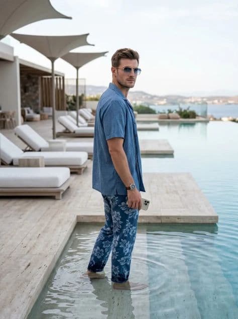 A relaxed man in a white linen shirt lounging poolside at an upscale Mediterranean villa terrace.