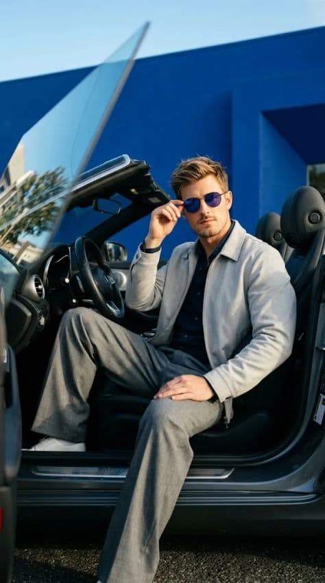 A driver seated inside an open-top luxury convertible sports car overlooking sunset horizons.