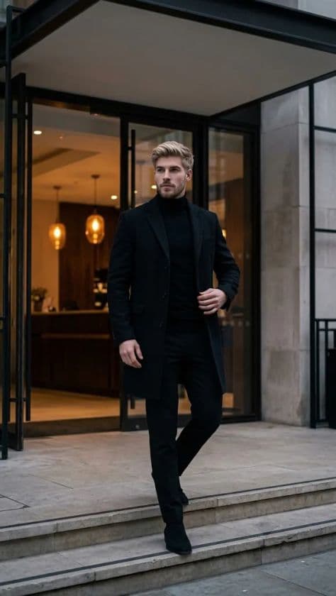 A stylishly dressed individual standing outside the glass entrance of an architecturally illuminated building.