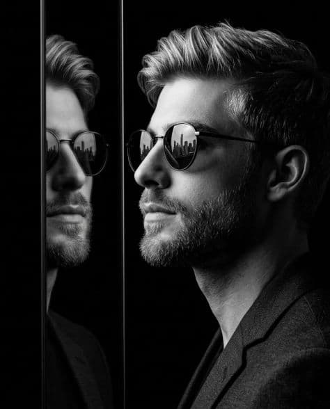 A high-contrast black and white studio portrait of a man with sculpted lighting across his facial features.