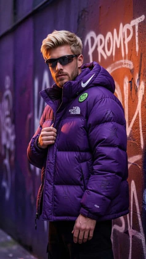 A model showcasing a voluminous deep-purple down puffer jacket on a modern urban pedestrian walkway.