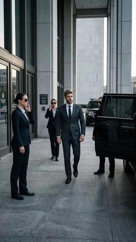 A distinguished statesman stepping out from a black armored motorcade in front of a government building.