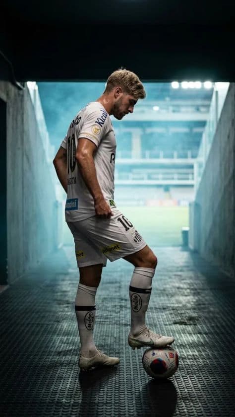 A focused football striker in an official white Santos FC kit standing on a floodlit stadium pitch.