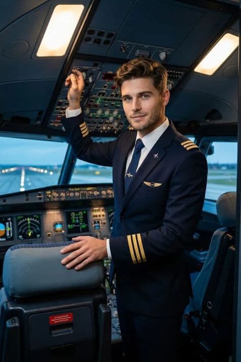 An airline captain in full uniform seated at the controls of a modern glass cockpit during preflight inspection.