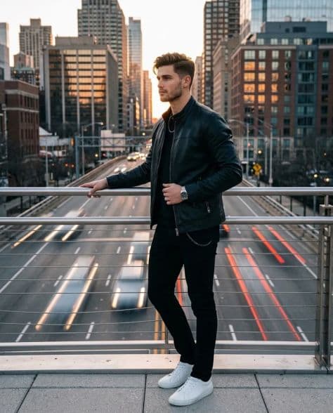 A smartly dressed man in a navy blazer leaning against a stone railing along an illuminated river at dusk.