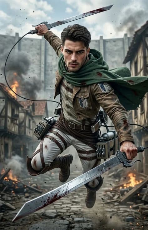 A live-action scout soldier wearing a weathered green Survey Corps cloak and tactical leather harness.