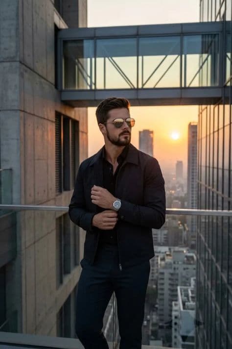 A model in an elegant overcoat standing on a skyscraper rooftop against an amber sunset skyline.