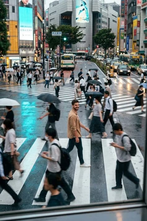 A stylish individual standing stationary at Tokyo Shibuya Crossing surrounded by blurred moving pedestrians.