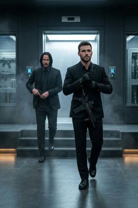 A sharp operative in a tailored dark ballistic coat inside a sleek illuminated weapons armory vault.