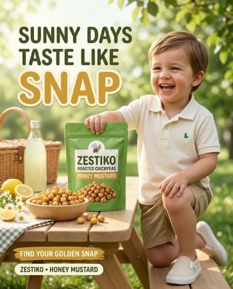 A vibrant green resealable pouch of roasted chickpeas sitting upright on a tabletop surrounded by scattered crunchy snacks.