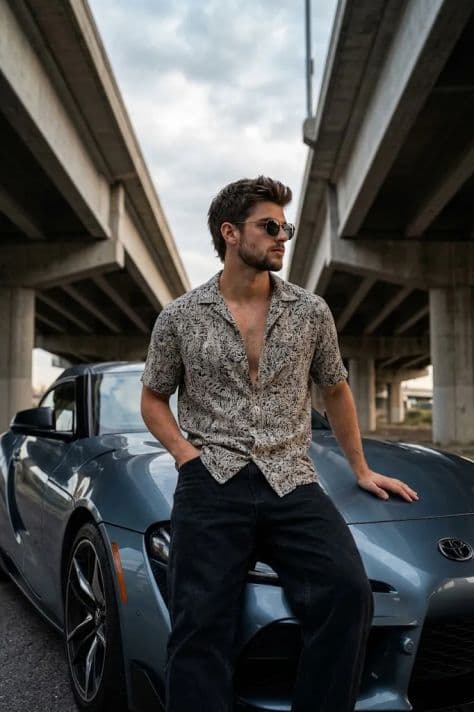 A dark blue-grey Toyota Supra sports car parked under a concrete highway overpass illuminated by streetlights.