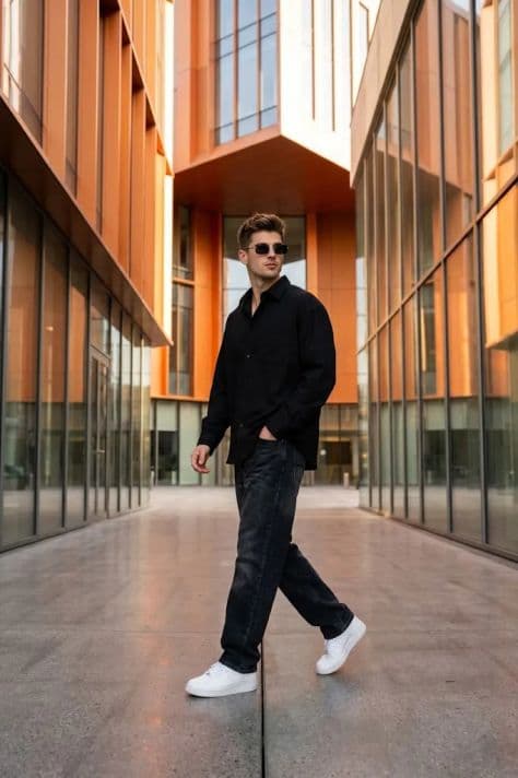 A person walking briskly across an open pedestrian plaza outside a building finished in warm orange geometric cladding.
