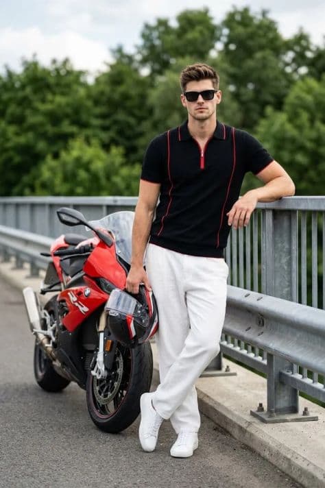 A motorcyclist leaning against a roadside guardrail next to a sleek red and black sport motorcycle at sunset.