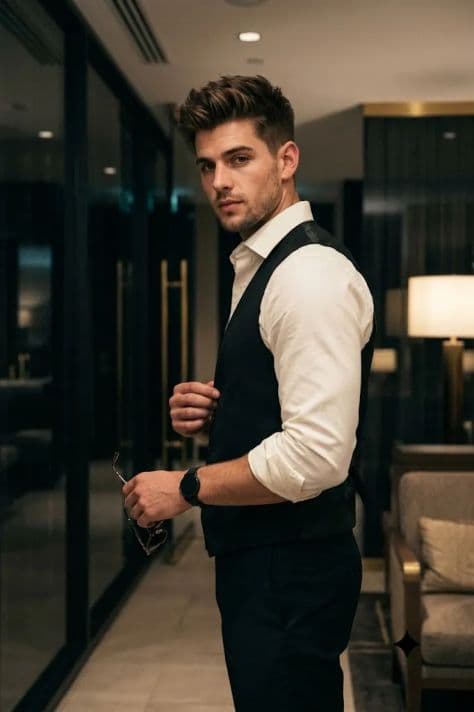 A man in dark evening attire pausing beside a tinted smoked-glass wall in an ambiently lit hotel corridor.