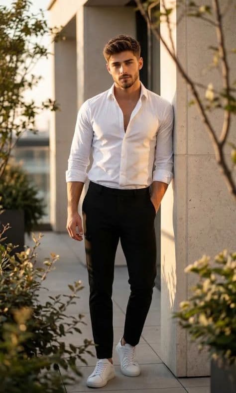 A subject leaning against a stone column on an elevated terrace while golden hour sun illuminates the surrounding cityscape.
