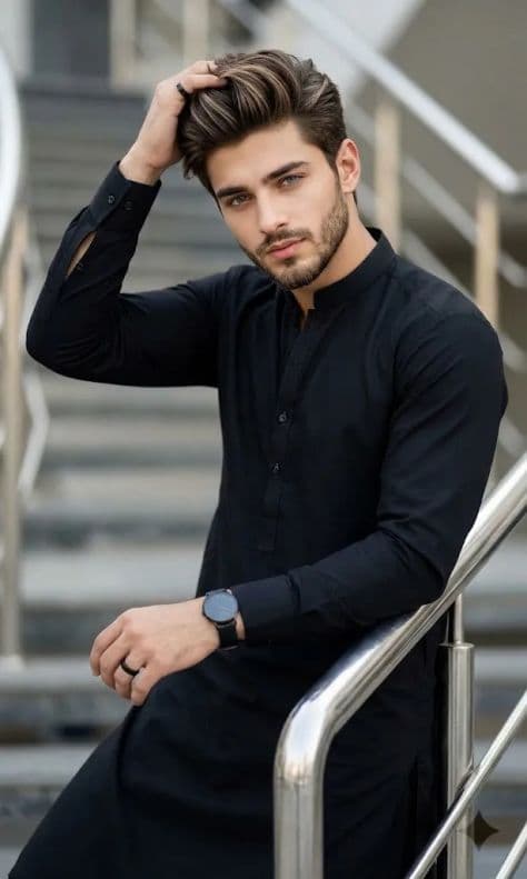 A fashion model leaning against a sleek silver staircase railing on an expansive outdoor stone stairway.