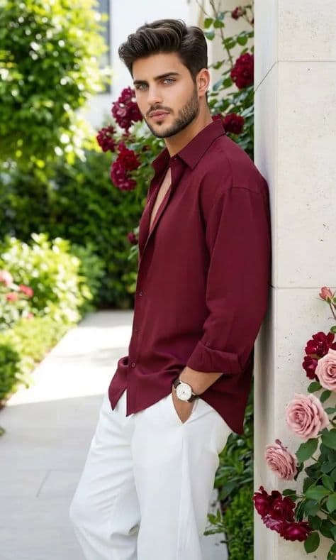 A fashionably dressed individual standing beside a monumental smooth limestone wall in a landscaped garden.