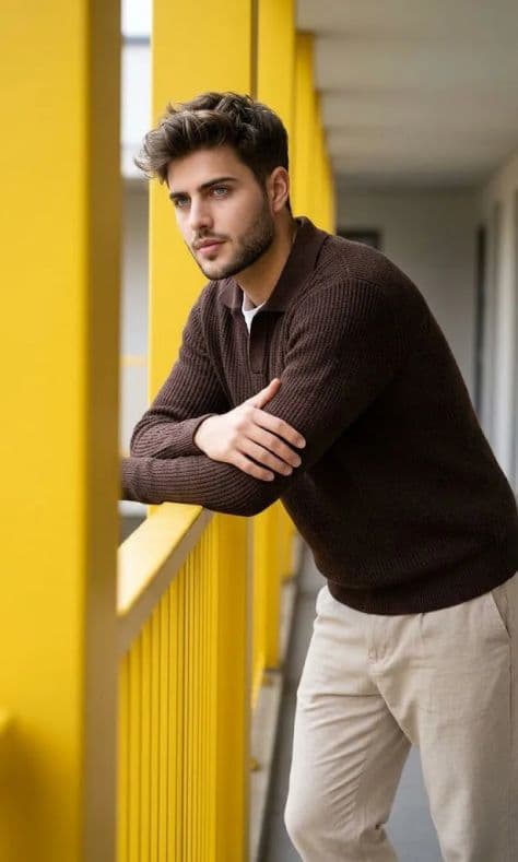 A relaxed subject resting forearms on bright yellow painted balcony railings under bright clear sunlight.