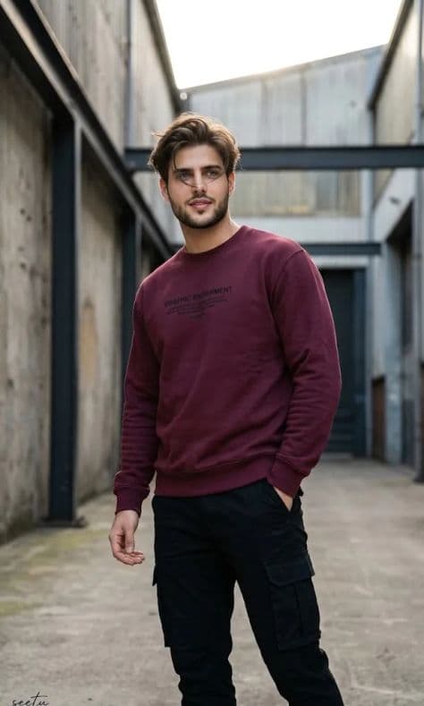A model in workwear style standing in an industrial courtyard surrounded by weathered steel beams and concrete.