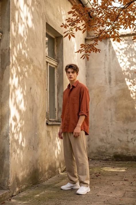 A man standing in a quiet sun-bleached courtyard next to a weathered textured plaster villa wall.