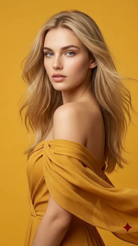 A glamour beauty portrait of a woman looking over her shoulder against a solid vibrant golden-yellow studio background.