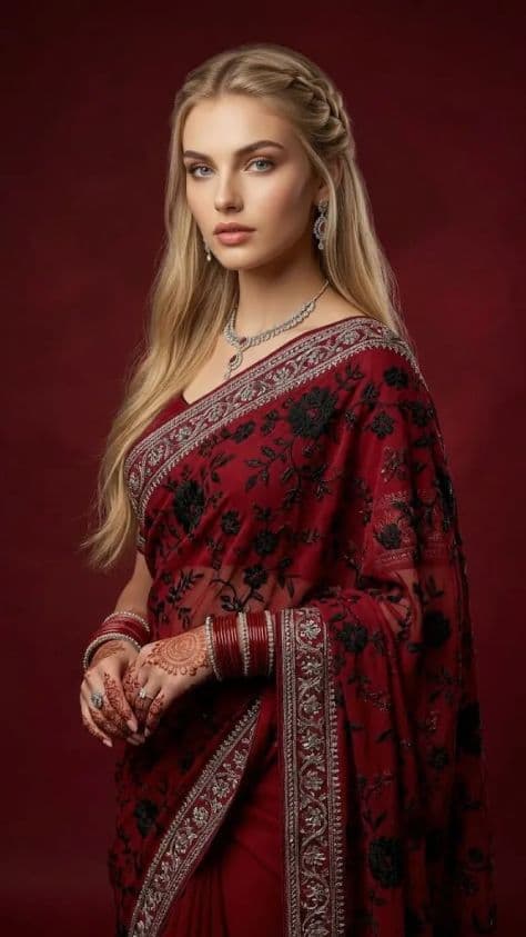 A bride in a magnificent crimson raw silk lehenga with gold thread embroidery posing in a soft studio portrait setup.