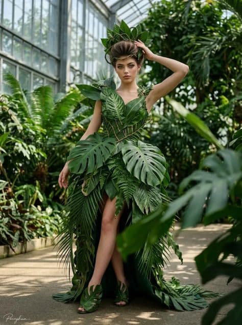 A runway model wearing a sculptural couture garment woven seamlessly with living floral vines and exotic orchids.