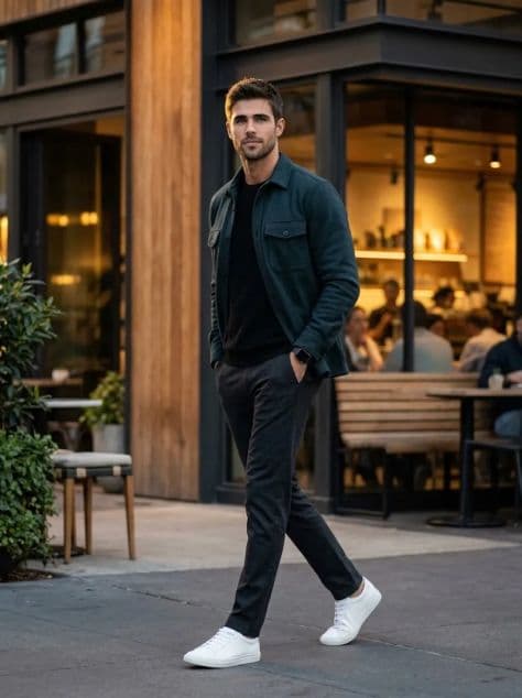 A fashionable man walking with hands in pockets on a city sidewalk outside an illuminated café at twilight.
