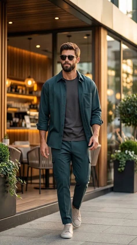 A well-dressed man walking mid-stride along a sun-drenched sidewalk past a modern glass café patio.