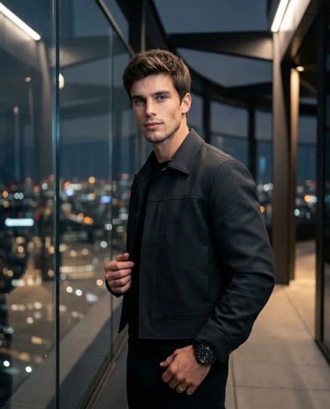 A young man posing in an elevated glass rooftop observatory looking out over a glittering night city skyline.