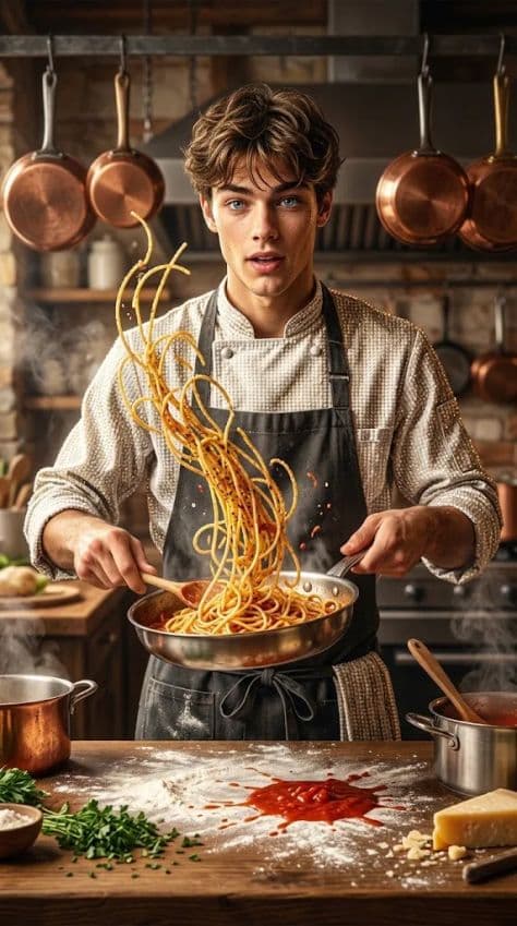 Detailed diamond painting artwork showing an energetic chef tossing pasta in a rustic kitchen