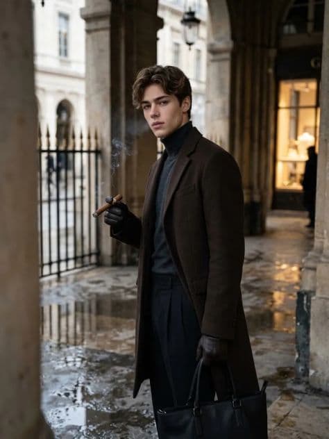 Man in an espresso overcoat holding a cigar under a vaulted stone arcade after rain