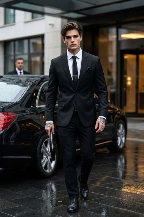 Well-dressed traveler stepping out of a glossy black luxury car outside a grand hotel entrance