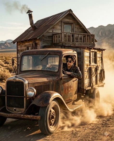 Handcrafted camper truck driving along a dusty desert dirt road with canyon cliffs at sunset