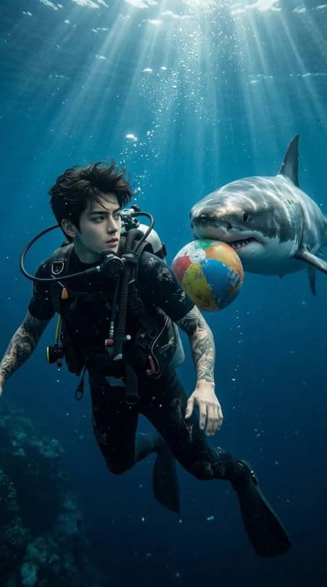 Scuba diver with air tank suspended weightlessly in deep blue open ocean water