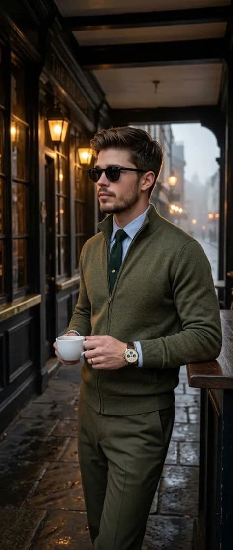 Man in a plaid suit jacket sipping coffee in a warm wood-paneled English café at dusk