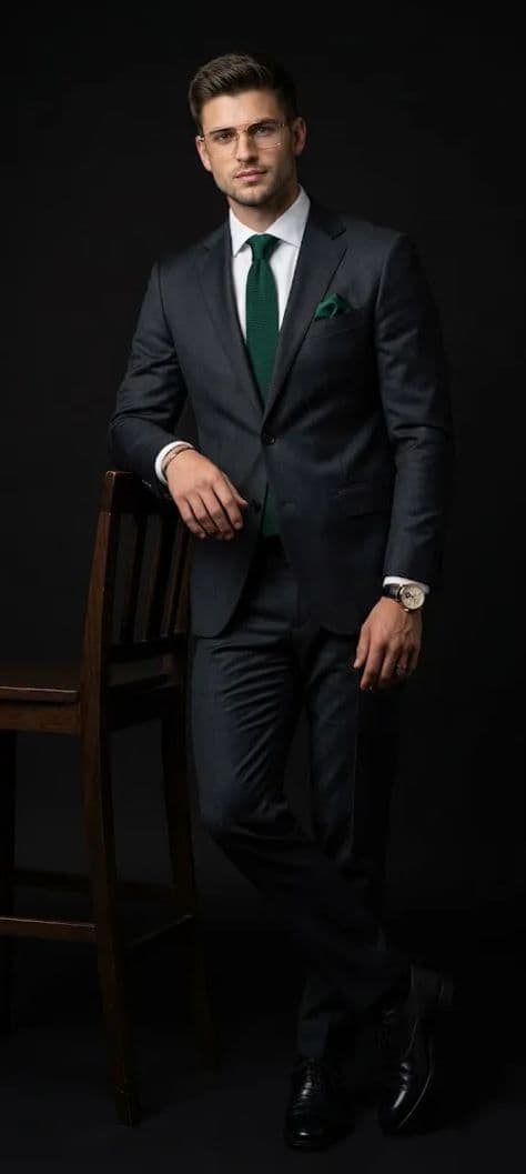 Full-length figure of a model in sleek dark clothing floating against a pure black background