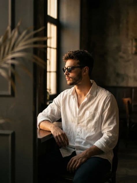 Person holding a steaming ceramic mug by a large sunlit industrial loft window