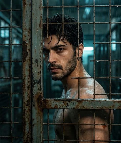 Close-up of an intense gaze framed through raindrops on a rusted industrial wire fence