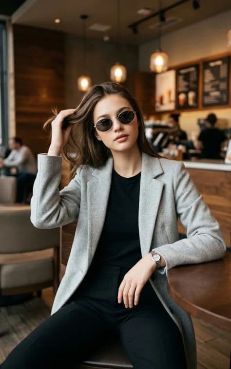 Woman wearing oval sunglasses and a gray wool jacket seated at a sunny wooden café table