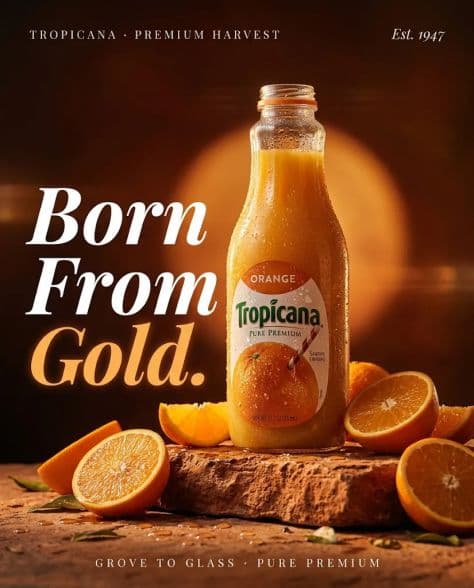 A frosty glass bottle of orange juice with condensation droplets glowing in warm amber sunset light.