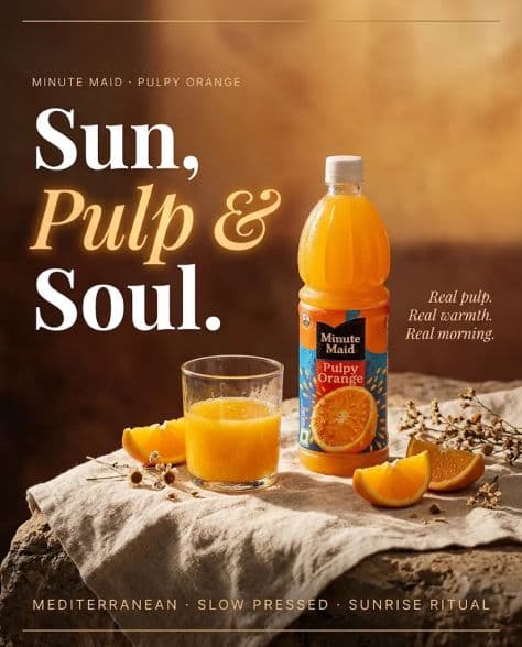 A chilled bottle of pulpy orange juice on a sunlit coastal stone with a ceramic glass and orange slices.