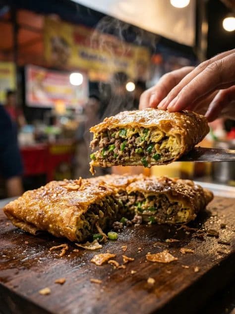 A freshly sliced piece of crispy Indonesian martabak telur showing steaming seasoned beef and egg filling.