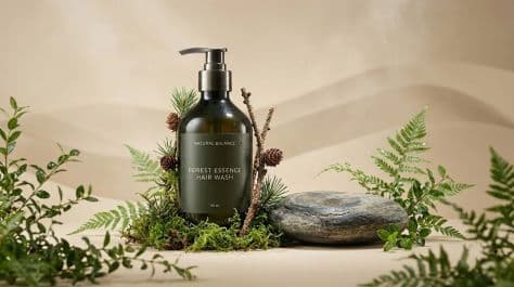 A sleek hair wash bottle resting on a flat river stone with moss accents against a soft warm beige background.
