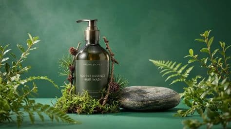 A minimalist shampoo bottle displayed on a flat stone surrounded by green moss against a matte emerald backdrop.