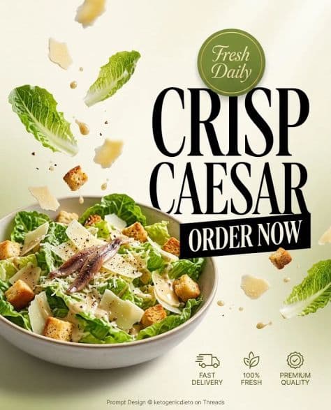 A vibrant ceramic bowl of fresh Caesar salad with crisp lettuce, parmesan cheese shavings, and toasted croutons.