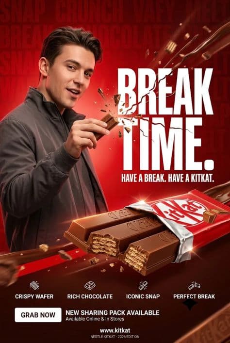 A chocolate-covered wafer bar breaking cleanly in half with flying chocolate shards in a vivid red studio.