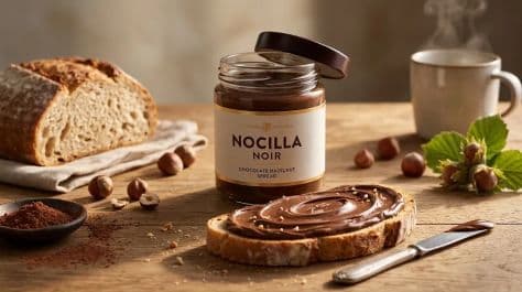 A clear glass jar of creamy chocolate hazelnut spread surrounded by roasted hazelnuts and cocoa powder.
